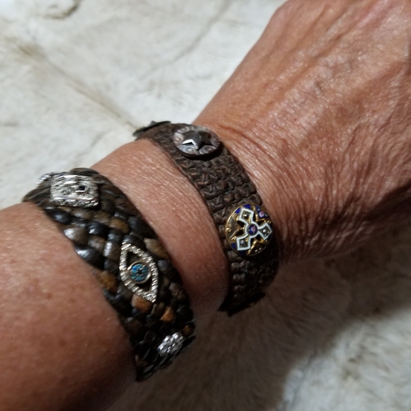 LEATHER 18/14K ANTIQUE DIAMOND SAPPHIRE BRACELET - Picture 6 of 11